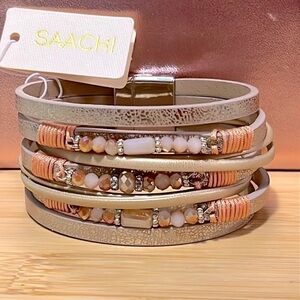 Brand New Multi-Strap Beaded Vegan Leather Wrap Magnetic Clasp Metallic Bracelet